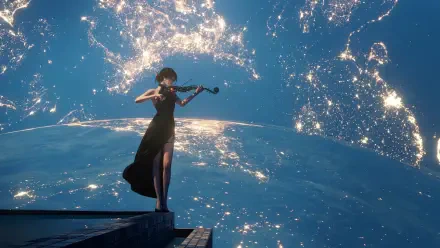 4K Ultra HD PC desktop wallpaper and background showing a woman in a black dress playing violin on a ledge against a glowing planetscape of city lights and stars.