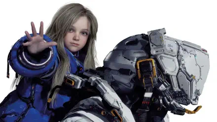 Pragmata video game 2K Quad HD PC desktop wallpaper: young woman in a blue suit reaches out beside a bulky armored robot against a white background.