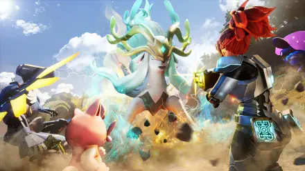 Palworld video game scene: heroic character and companion facing a towering elemental Pal amid dust and light — 2K Quad HD PC desktop wallpaper and background.