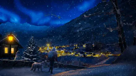 4K Ultra HD PC desktop wallpaper and background: snowy winter night with aurora over mountains, glowing lakeside village, two figures walking a dog along a snow-covered path.