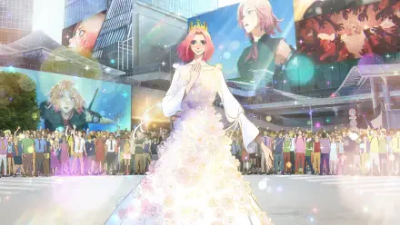 Scarlet — 8K Ultra HD PC desktop wallpaper and background: anime princess in a floral wedding gown and crown walks through a glittering plaza past cheering crowds and giant billboards.