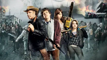 Zombieland 4K Ultra HD PC desktop wallpaper: four armed survivors pose amid burning, wrecked city streets as a zombie horde advances under smoke-filled skies.