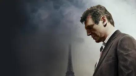 4K Ultra HD PC desktop wallpaper background: brooding man in a suit gazing down through fog with the Eiffel Tower silhouette, cinematic Taken–tagged composition.