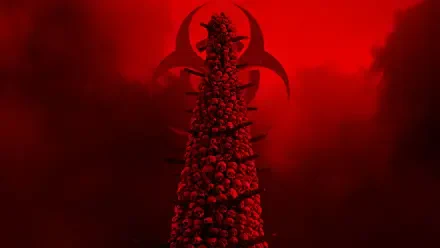 28 Years Later 4K Ultra HD PC desktop wallpaper and background: towering column of skulls beneath a biohazard symbol, drenched in blood-red fog.