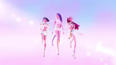 KPop Demon Hunters trio in pastel pink-purple sky, futuristic costumes and dynamic stride — 2K Quad HD PC desktop wallpaper.