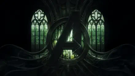 Avengers: Doomsday 5K Ultra HD PC wallpaper — dark Gothic cathedral with a glowing green Avengers A emblem framed by arched stained-glass windows and twisting metallic tendrils.