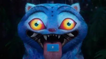 HD PC desktop wallpaper: KPop Demon Hunters–inspired blue demon-cat with glowing yellow eyes, sharp fangs and tongue extended with a small blue square on it.