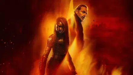 The Walking Dead: The Ones Who Live — 4K Ultra HD PC wallpaper: two figures back-to-back in a fiery red‑orange haze, dramatic silhouettes and intense, cinematic lighting.