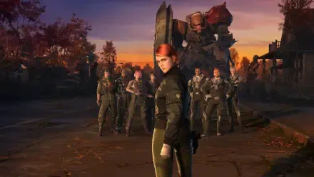 Gundam: Requiem for Vengeance HD PC desktop wallpaper of a red-banded pilot leading a squad with a towering mobile suit looming behind at sunset.