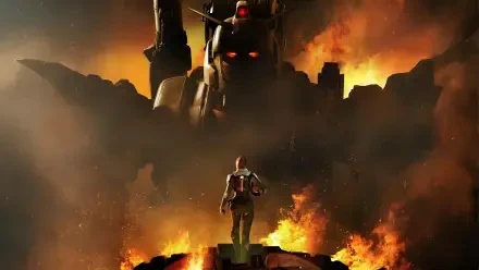 Gundam: Requiem for Vengeance — 2K Quad HD PC desktop wallpaper and background showing a lone pilot facing a towering Gundam amid fiery, smoldering ruins.
