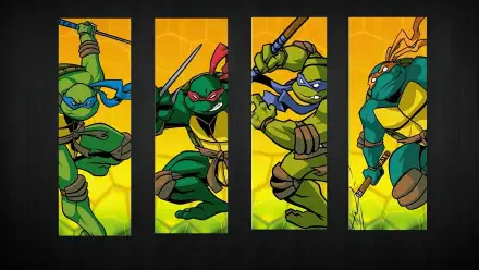 Teenage Mutant Ninja Turtles (2003) HD PC desktop wallpaper: four vertical panels showing each turtle in dynamic action poses with weapons against a bright yellow background.