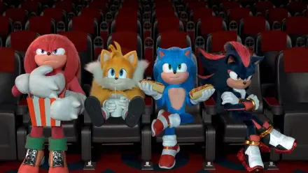 Sonic the Hedgehog 3 4K Ultra HD PC desktop wallpaper: Knuckles, Tails, Sonic and Shadow seated in a movie theater row, sharing popcorn and drinks.