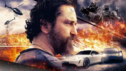 Den of Thieves 2: Pantera 4K Ultra HD PC desktop wallpaper showing a bearded man's profile against burning cityscape, high-speed cars, helicopters and explosive combat action.