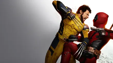 Deadpool and Wolverine clash in a high-contrast 4K Ultra HD PC desktop wallpaper: Wolverine in yellow suit unsheathing claws while Deadpool grapples him.
