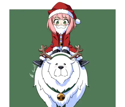 HD PC desktop wallpaper: Spy x Family's Anya Forger in a Santa hat riding Bond, the large white dog, against a simple green background.