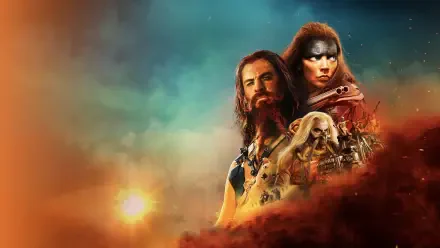 Furiosa: A Mad Max Saga — 4K Ultra HD PC desktop wallpaper depicting Furiosa with war paint, a bearded ally and a skull-adorned driver against a fiery desert sky.