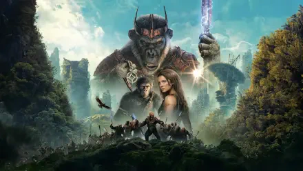 4K Ultra HD PC desktop wallpaper — Kingdom of the Planet of the Apes: a towering armored ape looms over human allies, jungle ruins and a dramatic sky.