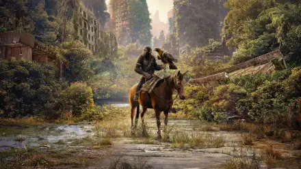 Kingdom of the Planet of the Apes 4K Ultra HD PC desktop wallpaper, an ape rider on horseback crossing a flooded, overgrown ruined city canyon bathed in warm golden light