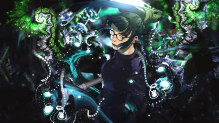 Jujutsu Kaisen 4K Ultra HD PC desktop wallpaper of a dark-haired sorcerer surrounded by glowing green and teal energy tendrils, floating orbs and shadowed textures.