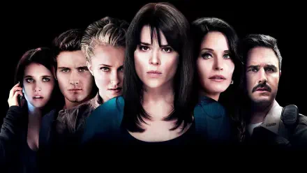 Scream 4 4K Ultra HD PC desktop wallpaper: five tense faces in a horizontal lineup against a black background, central woman staring forward under moody blue lighting.