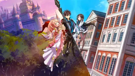 4K Ultra HD PC desktop wallpaper for I Got a Cheat Skill in Another World and Became Unrivaled in The Real World Too — protagonist with sword flanked by two companions, castle meets city skyline.