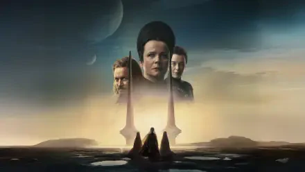 Dune Prophecy 4K Ultra HD PC desktop wallpaper background: two cloaked figures approach towering spires beneath three looming faces and twin moons over a misty desert.