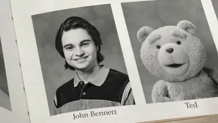 HD PC desktop wallpaper showing black-and-white yearbook headshots of John Bennett and Ted from Ted (TV Show), side-by-side portraits.