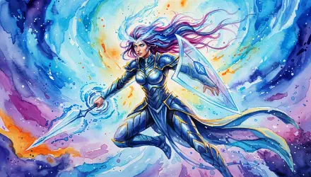 4K Ultra HD PC desktop wallpaper of a Psionic Warrior: an armored psychic floats through swirling cosmic blues and gold, projecting energy while wielding a glowing sword and translucent shield.