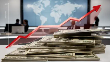 4K Ultra HD PC desktop wallpaper showing stacks of US dollar bills, a rising red arrow, and a blurred world map with business figures, representing inflation.