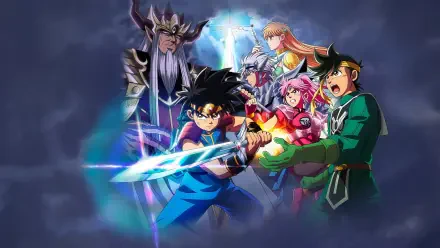 Dragon Quest: The Adventure of Dai HD PC desktop wallpaper and background — Dai and companions strike battle poses with a glowing sword and a looming dark sorcerer backdrop.