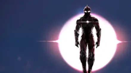 Ultraman: Rising — silhouette of Ultraman framed by a glowing solar disc and moody sky, HD PC desktop wallpaper and background.