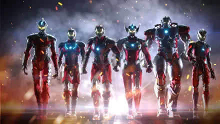 Ultraman: Rising — HD PC desktop wallpaper of six glowing red-and-silver Ultraman heroes walking through smoke, sparks, and dramatic lighting.