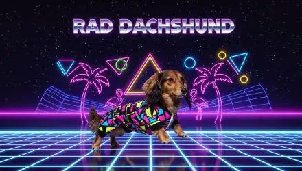 Retro neon 80s dachshund in a colorful geometric jacket on a glowing grid with palm trees and shapes — 4K Ultra HD PC desktop wallpaper.