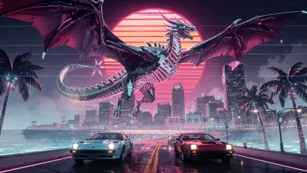 4K Ultra HD PC desktop wallpaper: neon‑lit wyvern soars over a retro‑futuristic city and magenta sun while two sports cars race along a rain‑slick palm‑lined boulevard.
