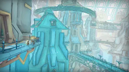 HD PC desktop wallpaper and background from the video game Mio: Memories in Orbit — teal floating cityscape with interconnected bridges and airy platforms.