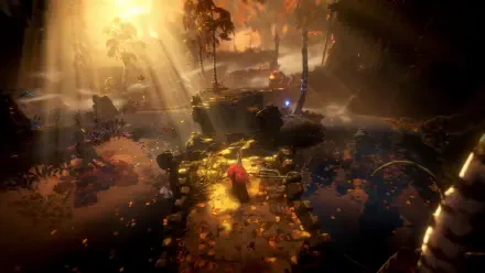 HD PC desktop wallpaper from the video game No Rest for the Wicked: a hooded figure crosses a glowing stone bridge into sunlit, overgrown ruins with distant threats.