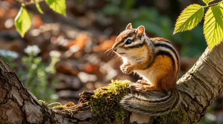 4K Ultra HD PC desktop wallpaper: a chipmunk perched on a mossy branch, warm sunlight highlighting its striped fur against a softly blurred forest background.