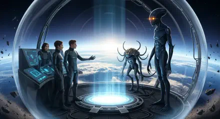 4K Ultra HD PC Desktop Wallpaper and Background: crew in a glass orbital observatory confront two alien beings above Earth, a glowing holographic platform and control consoles.