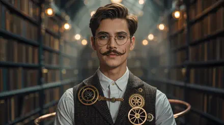 Hipster 4K Ultra HD PC desktop wallpaper: mustachioed man in round glasses and vintage vest adorned with mechanical gears, framed by dimly lit library shelves and warm bokeh lights.