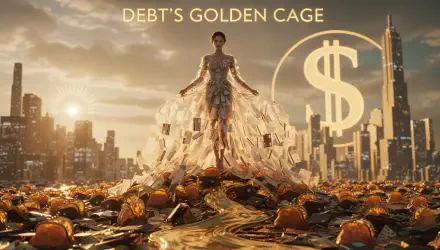 4K Ultra HD PC desktop wallpaper: DEBT'S GOLDEN CAGE — a woman in a gown of credit cards and bills stands among golden coins and a giant dollar over a cityscape, symbolizing credit card debt.