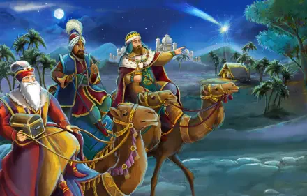 HD illustrated religious holiday PC desktop wallpaper background: the Biblical Magi kings on camels follow a bright guiding star across a moonlit desert toward Bethlehem.