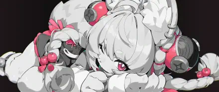 4K Ultra HD PC wallpaper of Zhao from the video game Zenless Zone Zero: close-up stylized portrait with braided white hair, fluffy accessories, and pink eye accents on a grayscale background.