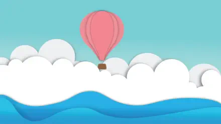 Abstract illustration, minimalistic design 2K Quad HD PC desktop wallpaper: pink hot-air balloon rising above layered white clouds and stylized blue waves against a teal sky.