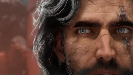 Close-up of a rugged male game character, gray hair and blue eyes, weathered skin — Clair Obscur: Expedition 33 5K Ultra HD PC desktop wallpaper.