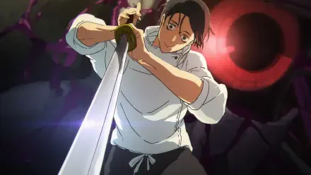 Anime HD PC desktop wallpaper of Yuta Okkotsu from Jujutsu Kaisen gripping a drawn sword with a glowing red eye looming behind him.