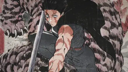 Anime Jujutsu Kaisen HD PC desktop wallpaper: fierce fighter lunging with a long sword, blood-streaked arm and torn clothing set against a dark, textured background.