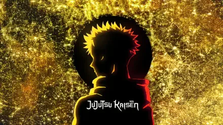 Anime Jujutsu Kaisen 5K Ultra HD PC desktop wallpaper of Yuji Itadori silhouetted against a glittering gold backdrop, red hoodie and the series logo at the bottom.