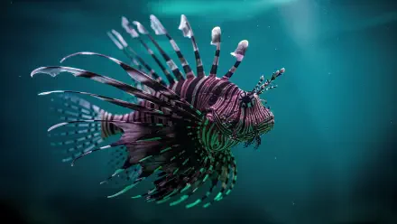 Close-up of a vibrant lionfish with fanned spines in teal water — 4K Ultra HD PC desktop wallpaper and background.