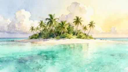 Island paradise scene: palm-fringed islet with white sand and turquoise sea under sunlit clouds, 4K Ultra HD PC desktop wallpaper and background.