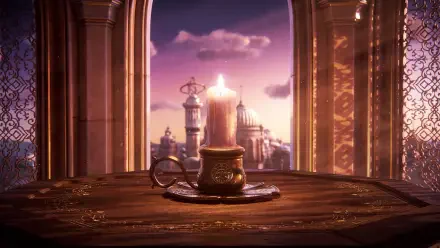 Prince of Persia: The Sands of Time Remake 2K Quad HD PC wallpaper: a burning candle in an ornate cup on a wooden table, framed by an arched window overlooking a domed Persian city at sunset.